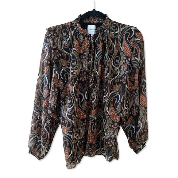 Misa Los Angeles Helena print Black Brown Puff sheer peasant Blouse NWT XXS - Picture 6 of 11